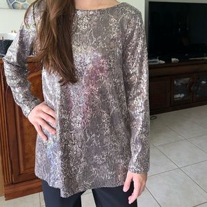 Chico’s top in pewter sequins long sleeve size 1 NWT